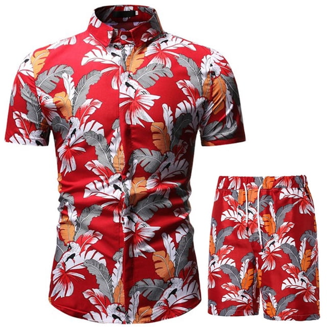 xiaxaixu Men Beach Outfits Printed Lapel Button Down Shirt + Drawstring Shorts
