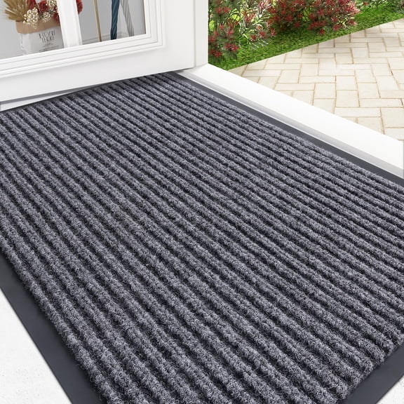 Waterproof Front Door Mat Indoor Outdoor, Heavy Duty Entrance Doormat for Patio Porch, Low Profile Fade Resistant Easy Clean Welcome Floor Mats, Grey, 29.5x17