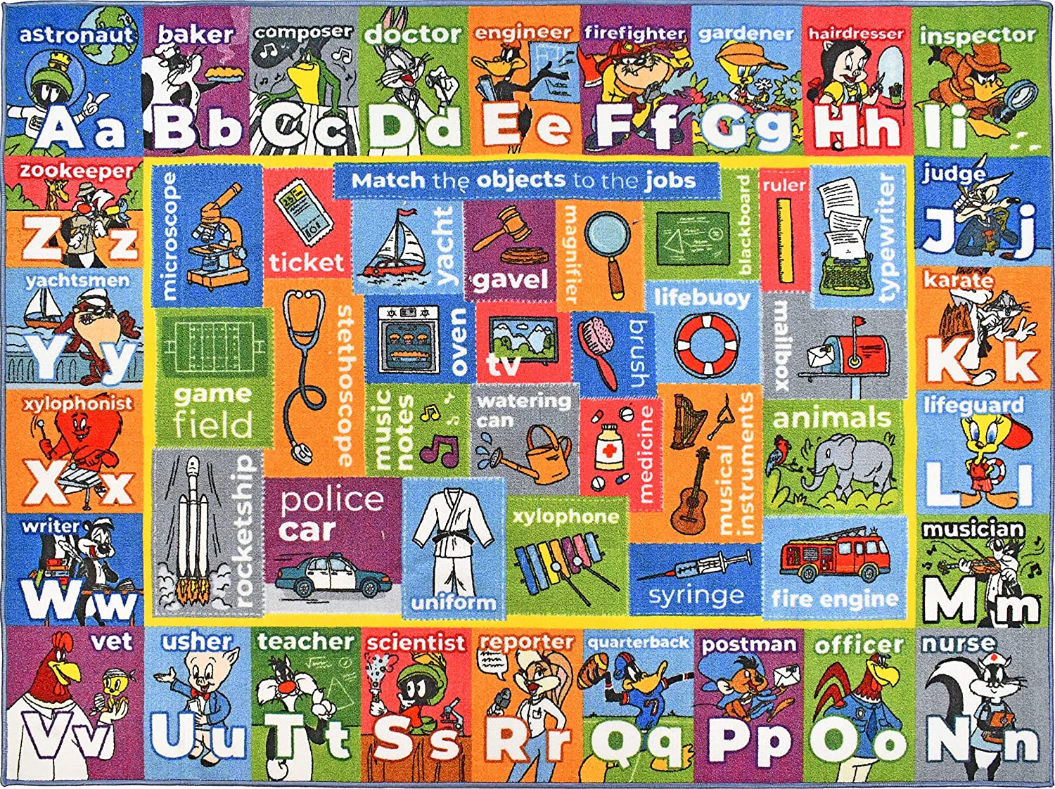 KC Cubs | Looney Tunes ABC Alphabet, Jobs & Objects Matching Educational Learning & Fun Game Area Non Slip Rug Carpet for Kids and Children Bedroom, Classroom and Playroom