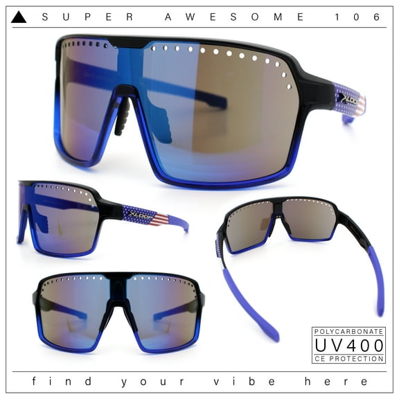 Xloop Mens Large Shield USA American Flag Print MTB Rectangle Sunglasses Black Blue - Blue Mirror