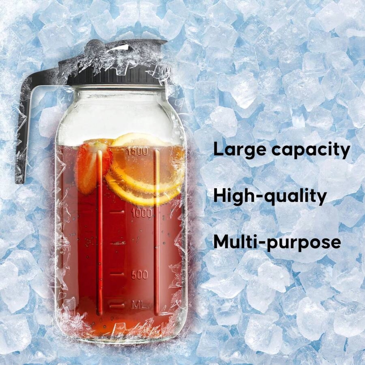 NTGFU 2-Piece Mason Jar Pitcher, 64OZ Breast Milk Pitcher Double Leak Proof with Pour Spout Handle, Wide Mouth Iced Tea Pitcher for Fridge, Creamer Container for Coffee, Sun Tea Juice