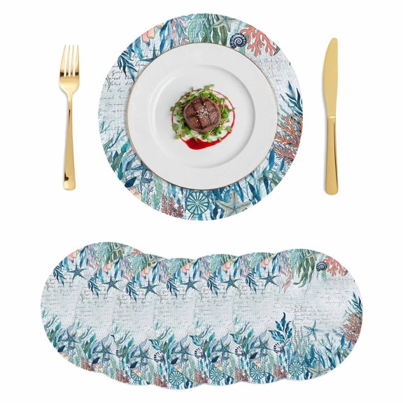 Vintage Coastal Coral Round 15 Inch Placemats Set of 6, Nautical Blue Conch Starfish Ocean HeatResistant Non Slip Place Mats for Dining Table, Wipeable Braided Kitchen Table Mats for Housewarming