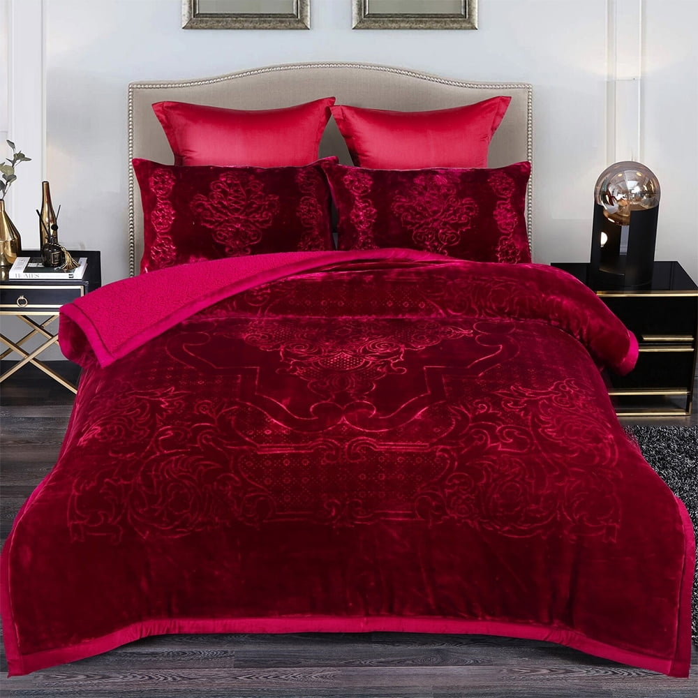 Heavy Thick Warm Sherpa Comforter Set Shams Queen Burgundy