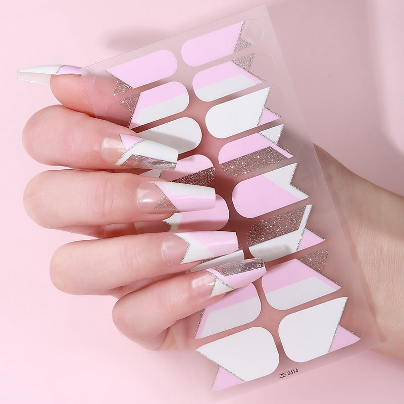 16Tips DIY Baking-Free Nail Stickers Shiny French Stripes Nail Patch Full Cover Adhesive Nail Wraps Manicures Decoration Decal