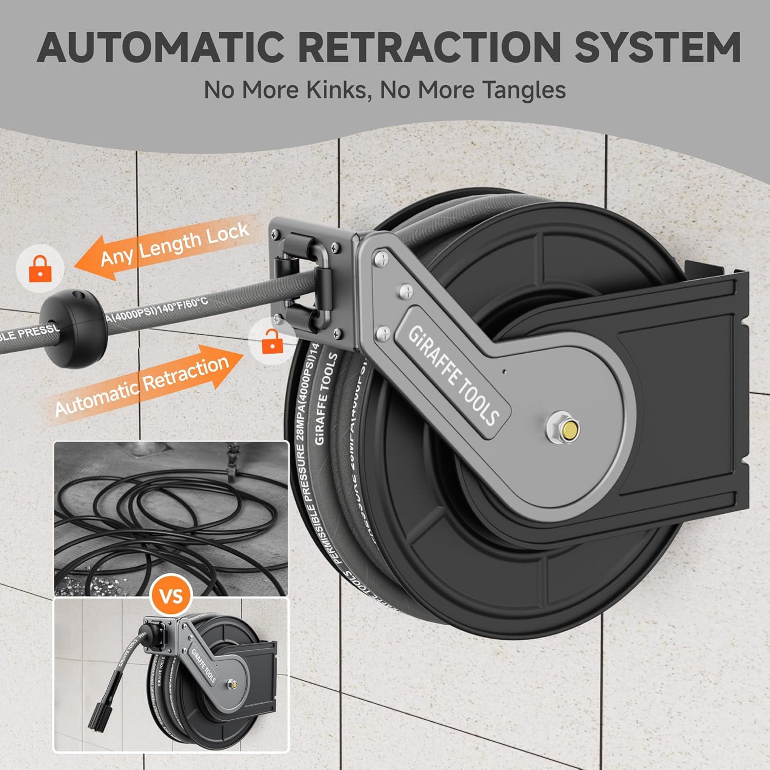 Giraffe Tools 1/4" x 60 ft Retractable Pressure Washer Hose Reel, 4000PSI Hose, Wall/Floor Mounted