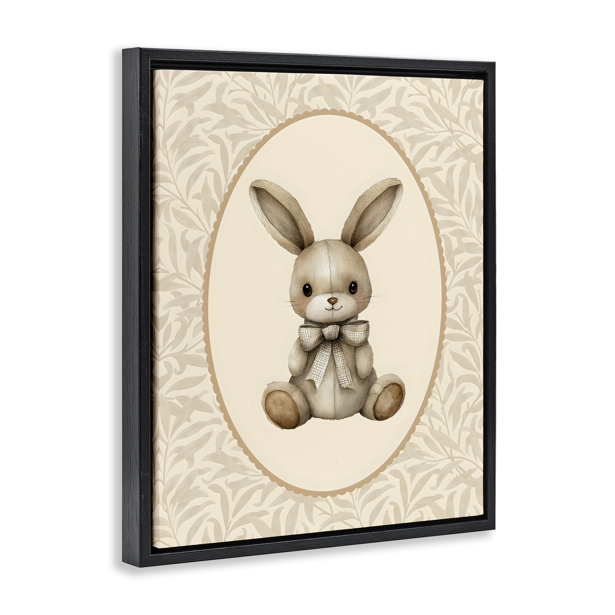 Stupell Industries Neutral Bunny in Oval Border Black Framed Floater Canvas Wall Art, design by LSR Design Studio