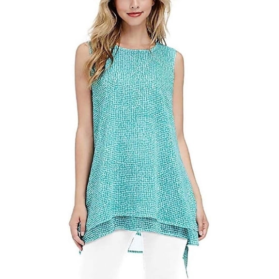Fever Women Double Layer Sleeveless Blouse, AQUA SPECKLE GRID, S New with box/tags