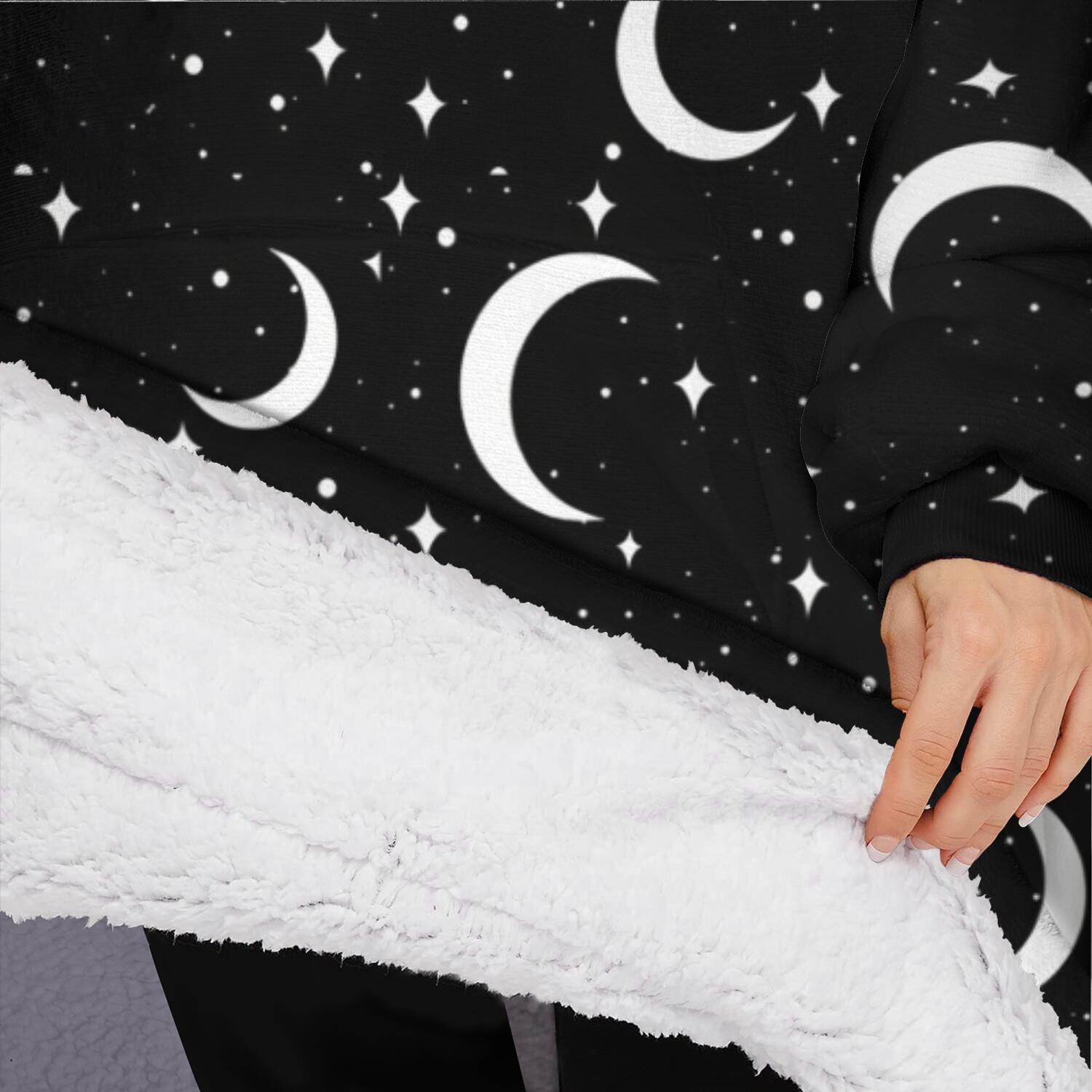 Oversized Wearable Blanket Hoodie,Black Moon Star Pattern Sherpa Blanket Hoodie with Super Pockets,Super Warm Fuzzy Pullover for Women & Men