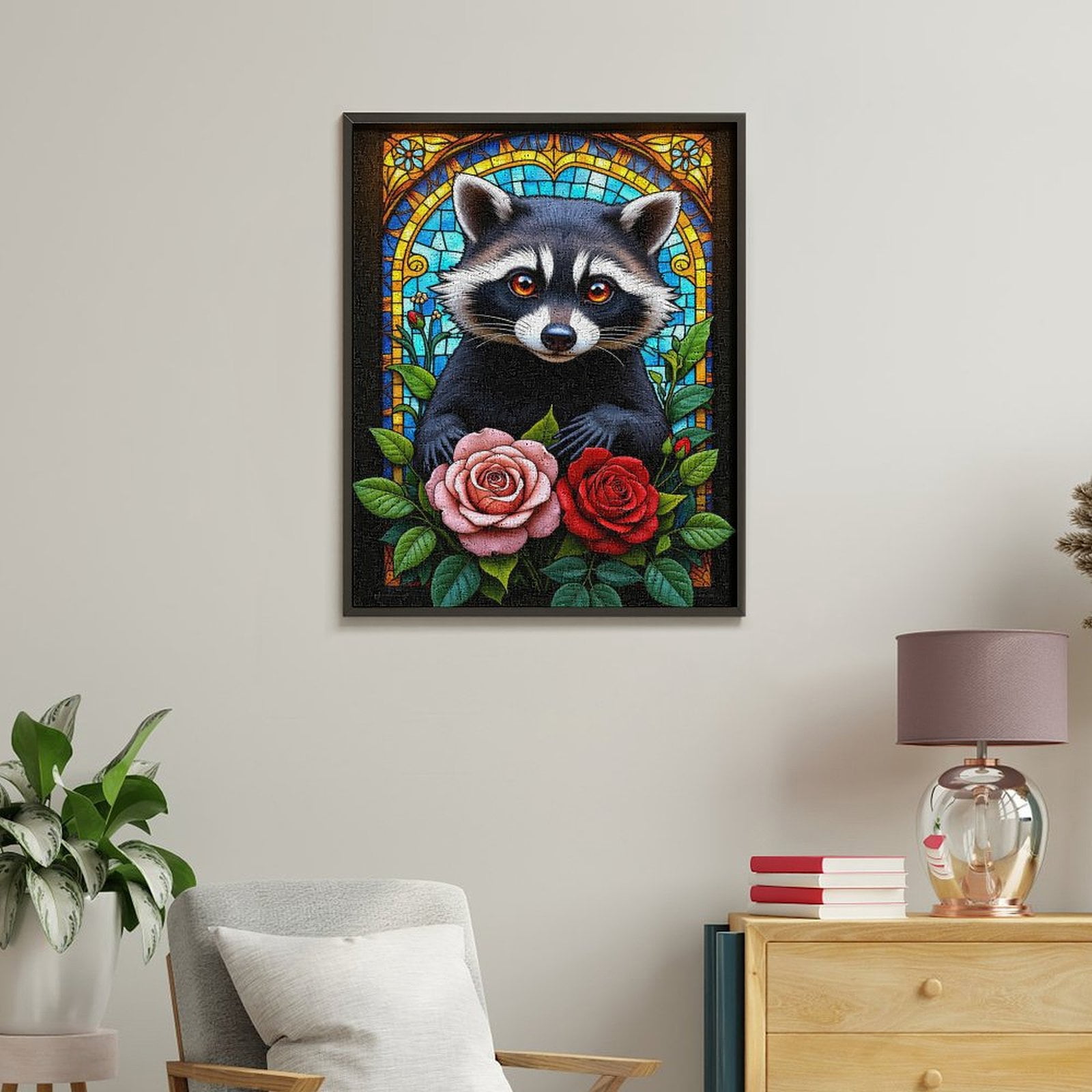 Paint By Numbers Kit for Adults Beginner - DIY Raccoon Stained Glass Roses Art Canvas Painting Kits for Adults, Frameless Paint By Number for Adults for Home Wall Decor 16x20 Inch