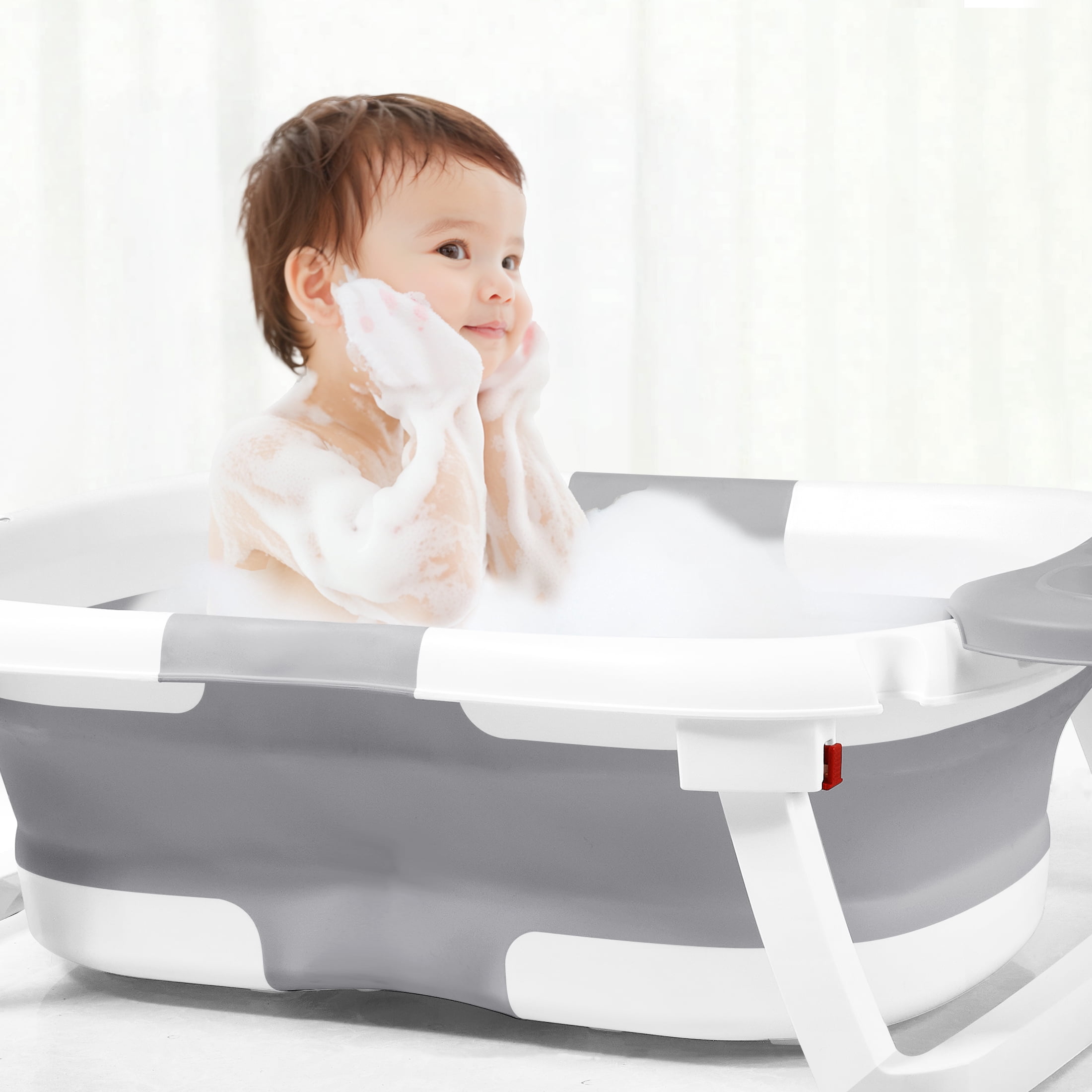 Babyomi Collapsible Baby Bathtub, infant tub for newborn with Temperature Sensor and Storage Tray, Portable Bath Tub forTravel, Gray