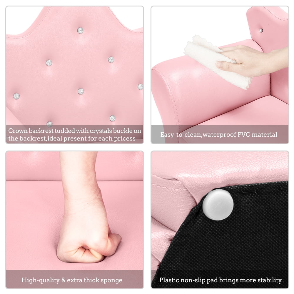 Private Jungle Children Upholstered Sofa PVC Leather Princess Sofa with Diamond Decoration，Mini Sofa for Boys and Girls，Pink