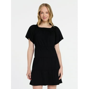 Time and Tru Women's Tiered Cotton Mini Dress with Flutter Sleeves, Sizes XS-XXXL