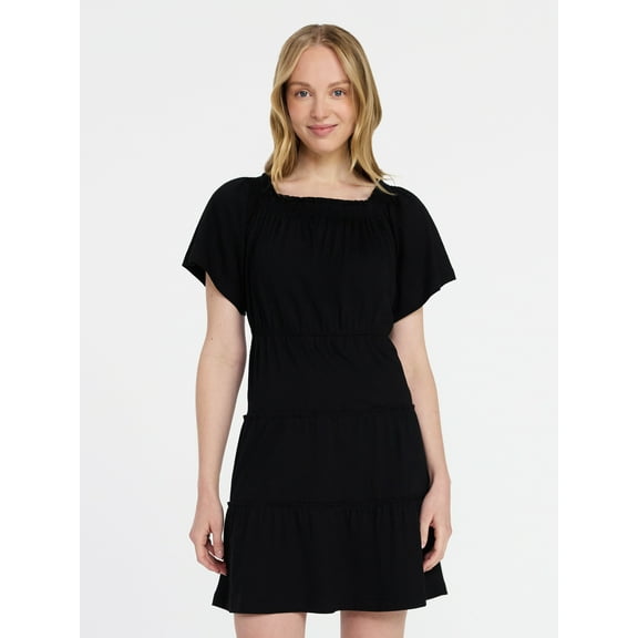 Time and Tru Women's Tiered Cotton Mini Dress with Flutter Sleeves, Sizes XS-XXXL
