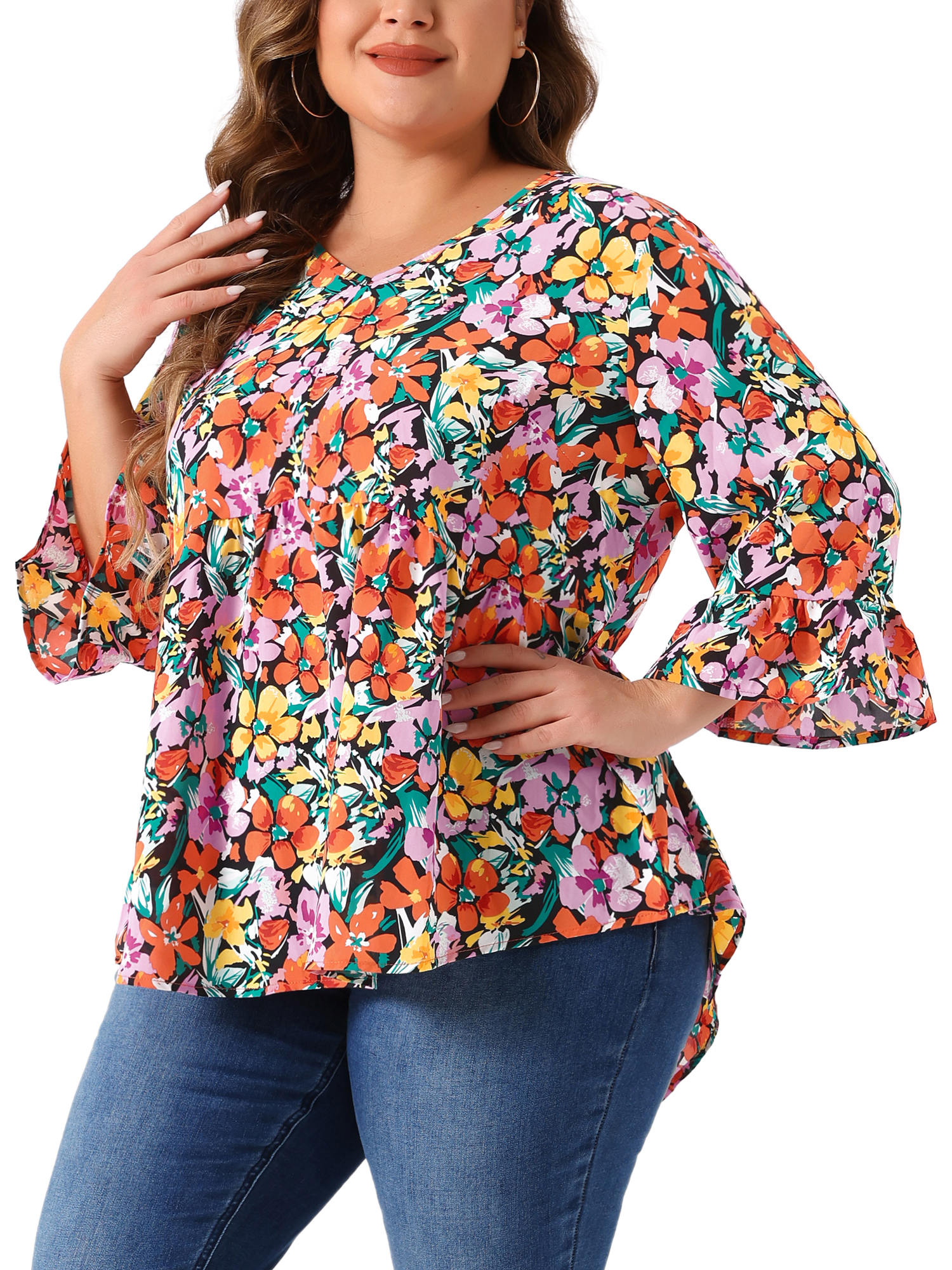 Women's Plus Floral Blouses V Neck Ruffle 3/4 Sleeve Babydoll Peplum Tops 1X Orange Black