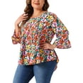 thumbnail image 2 of DARING DIVA Women's Plus Floral Ruffle 3/4 Sleeve Peplum Top 4X Orange Black, 2 of 6