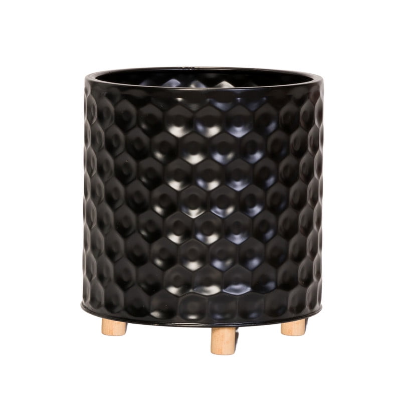 Honeycomb Metal Planter Pot With Peg Base - Black - 8.75"H x 8"W