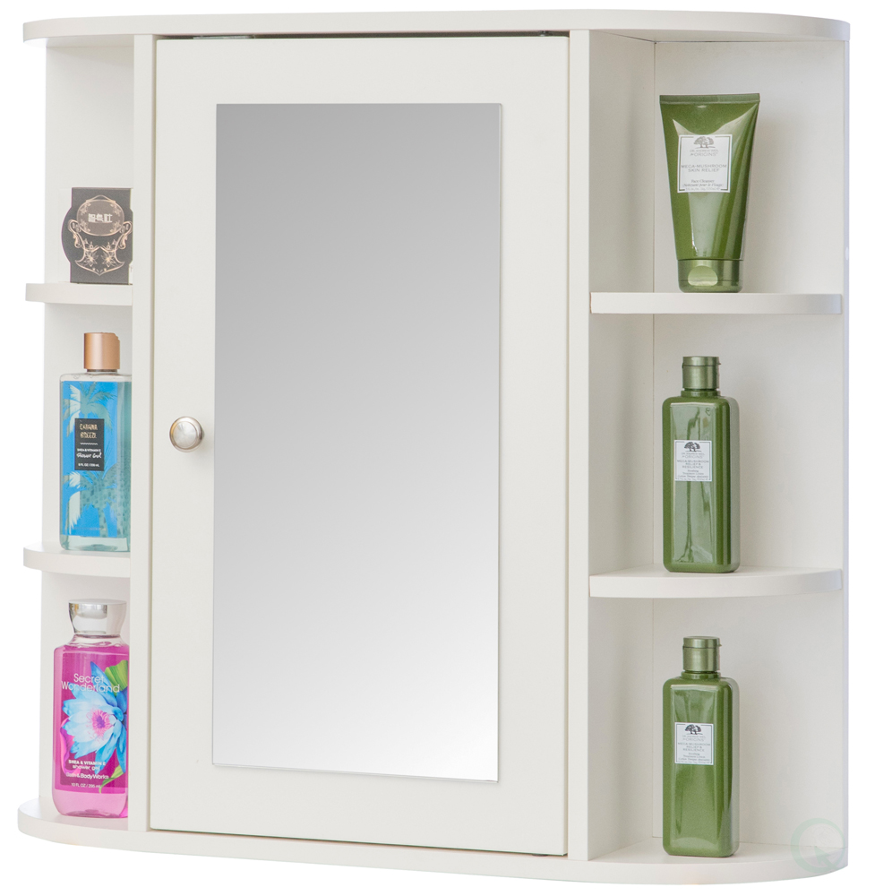 White Wall Mounted Bathroom Storage Organizer, Mirrored Vanity Medicine Chest with Open