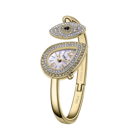 SAGA Angel's Eye Women's Luxury Cuff Bracelet Watch, Swiss Ronda Quartz Movement, Teardrop-Shaped Dial, 30M Water Resistant, 316L Stainless Steel Bracelet with 129 Danube Crystals