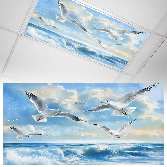 1 Piece Magnetic Fluorescent Light Covers, 2x4 Ft,Ocean Blue Sky Bird Seagull Sea Wave Nature Scenery Magnetic Light Covers for Ceiling Lights Classroom Office Home Decor