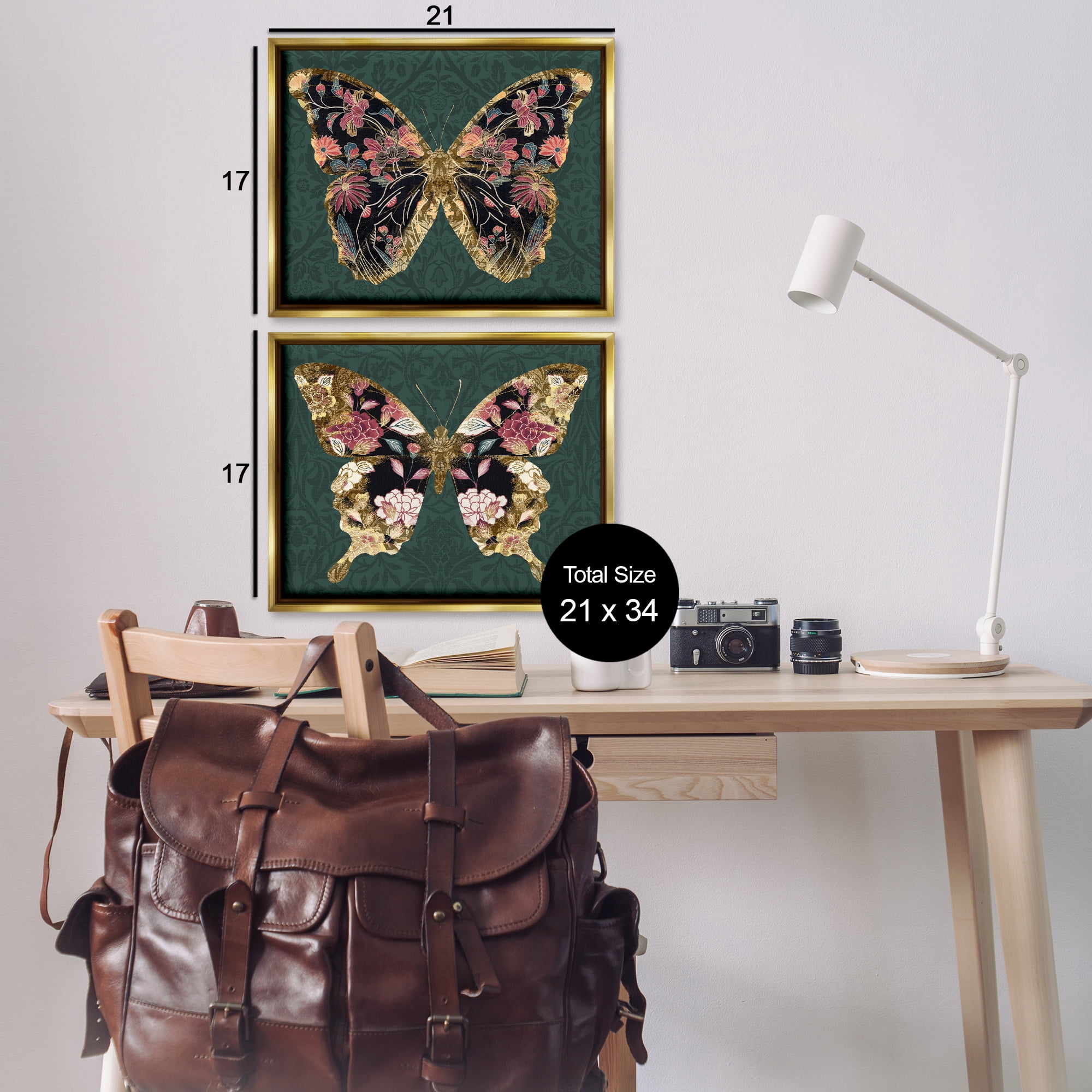 Stupell Industries Gold Black Floral Butterfly Animals Painting Gold Floater Framed Canvas Art Print Wall Art, 21 x 17, Set of 2