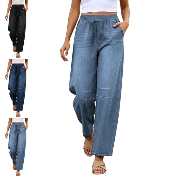 MLCDZ Pull On Womens Jeans Baggy Lightweight Breathable Stretchy High Waisted Denim Wide Leg Trouser Trendy Front Seam 90s Loose Jean with Multiple Pockets