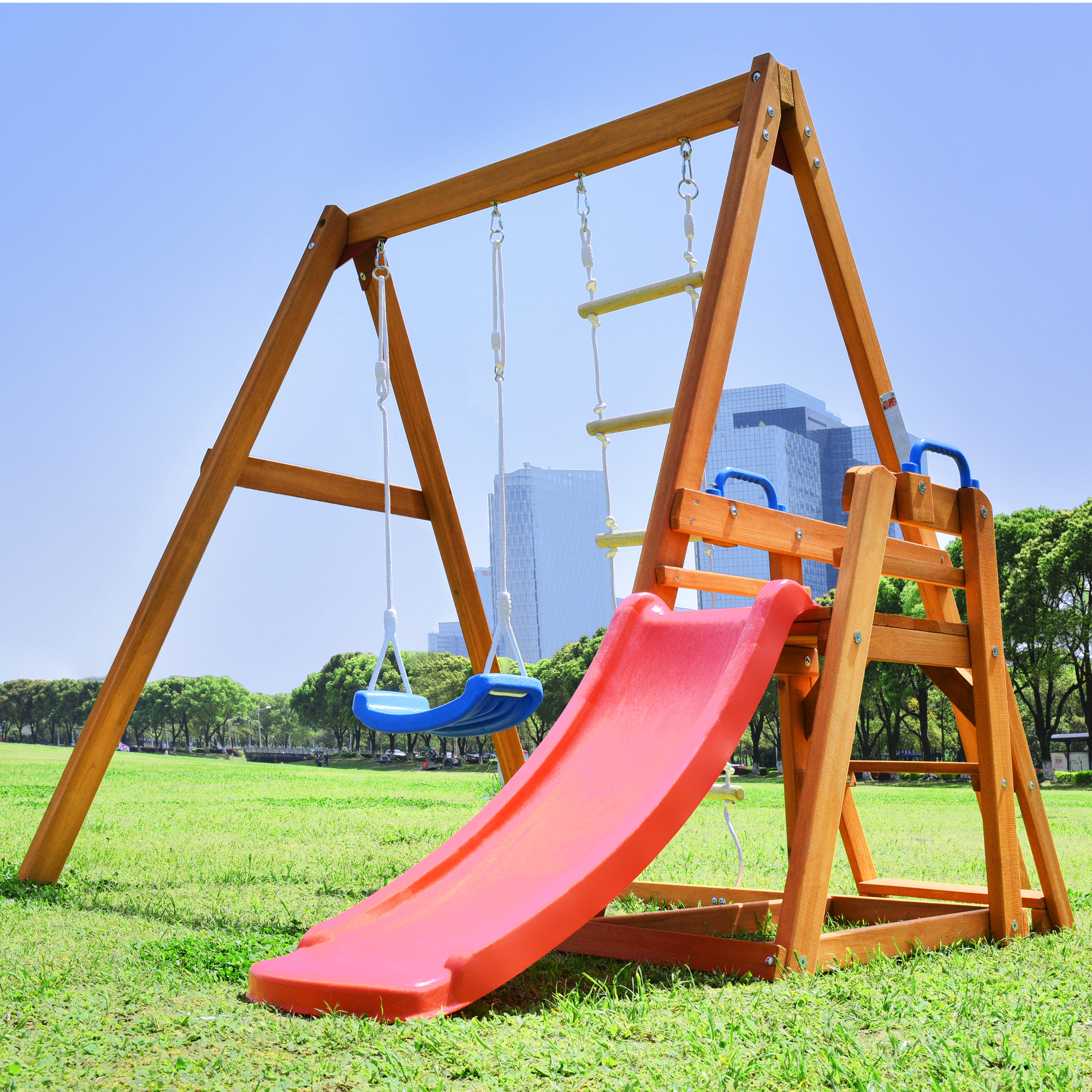 SUGIFT Wooden Swing Set with Slide Climb Swing Outdoor Play Structure