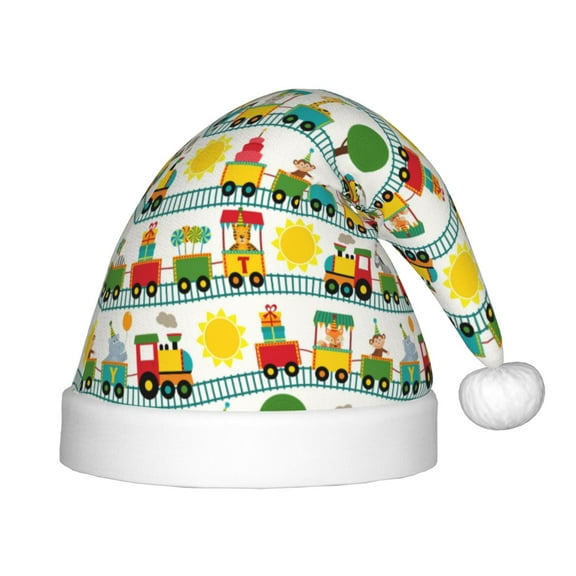 Vsdgher Train With Animals Christmas Hat, Santa Hat for Kids Xmas Holiday Hat Red Classic Christmas New Year Festive Party Supplies