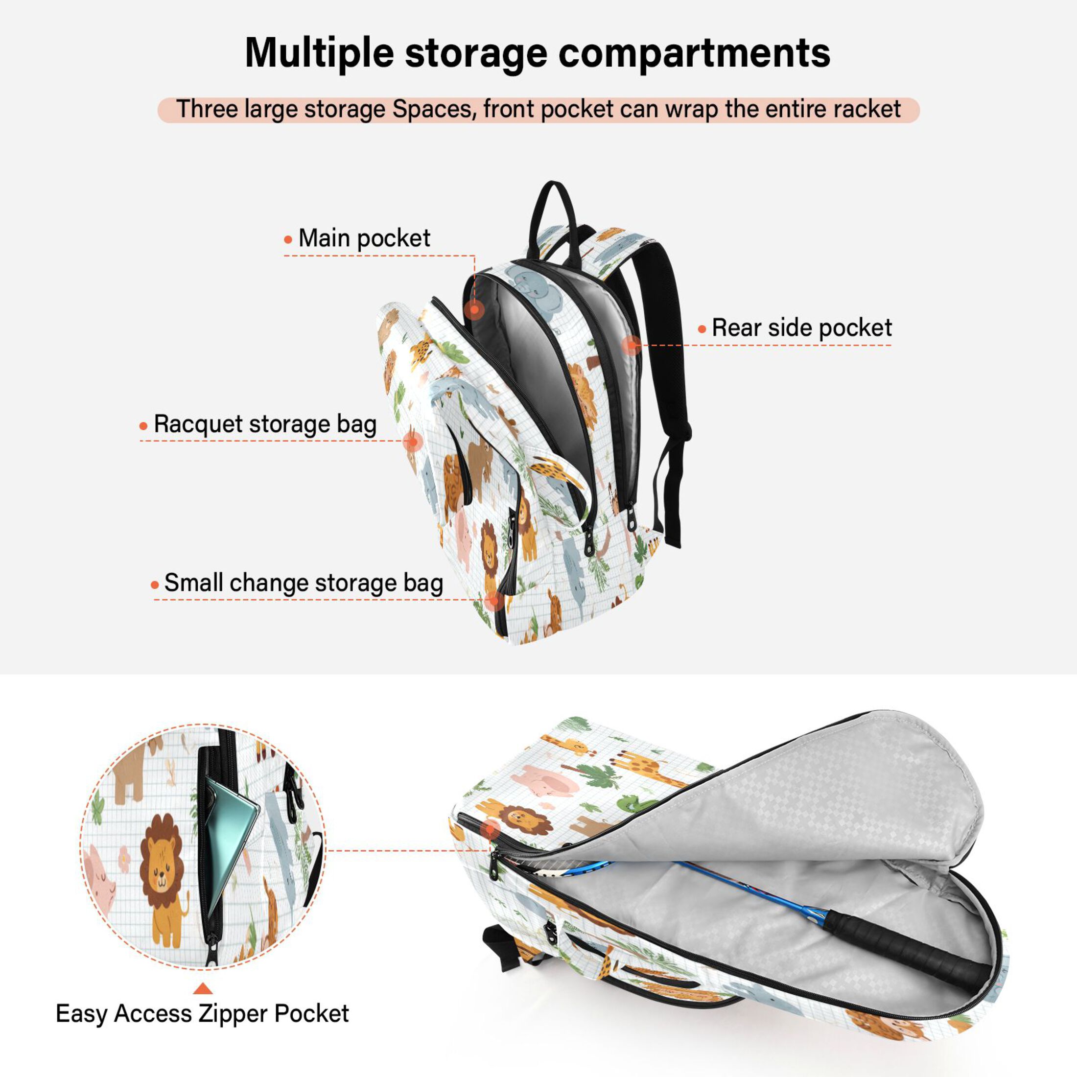 2 Racquet Holder Tennis Backpack Tennis Racket Covers Gym Bags Zoo Party