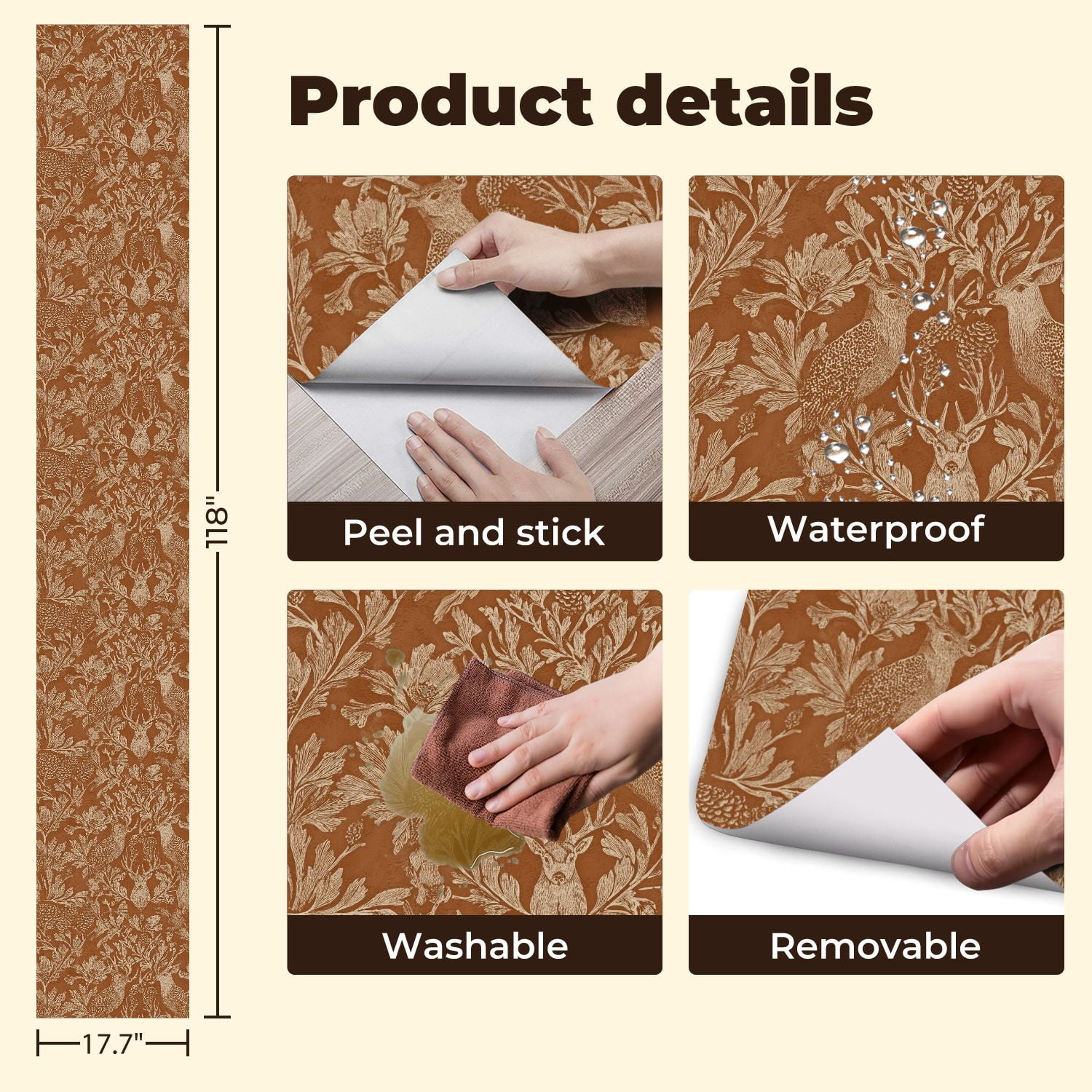 Hunt Peel and Stick Wallpaper 17.7in x 9.8ft Vintage Botanical Wildlife Deer Birds Foliage Warm Contact Paper Vinyl Waterproof Self Adhesive Wall Paper for Bedroom Shelf Cabinet Renter Friendly