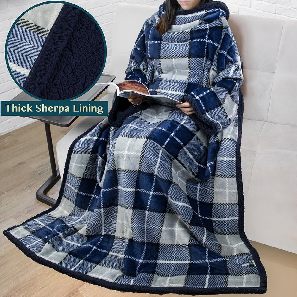Premium Thick Sherpa Fleece Blanket with Sleeves for Adult Women, Men