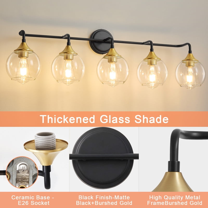 Bathroom Vanity Light with Clear Glass Shade, E26 Base, Bathroom Light Fixtures Over Mirror, Vanity Lights for Bathroom (Exclude E26 Bulb) - Black and Gold, 5-Lights