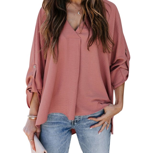 maskred Femmes Chemise V Col Blouse Large Manches Longues Col Solide Blouse Couleur Décontractée Top Rouge XXL