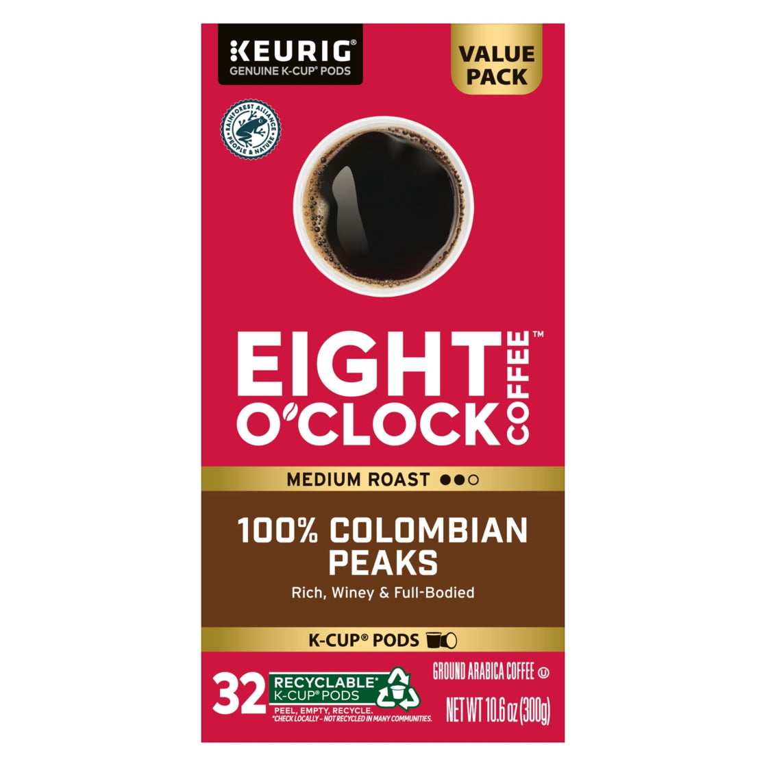 Eight O'Clock Coffee Medium Roast 100% Colombian Peaks Coffee Value Pack 32 - 0.33 oz K-Cup Pods