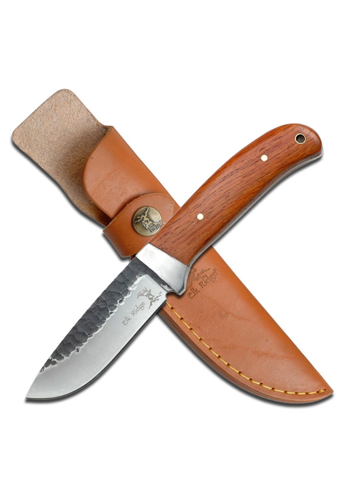 Elk Ridge ER-268 Fixed Blade Knife - 4" 3Cr13 Stainless Steel Blade, Brown Pakkawood Handle, Full Tang Outdoor Hunting Survival Knife with Leather Sheath