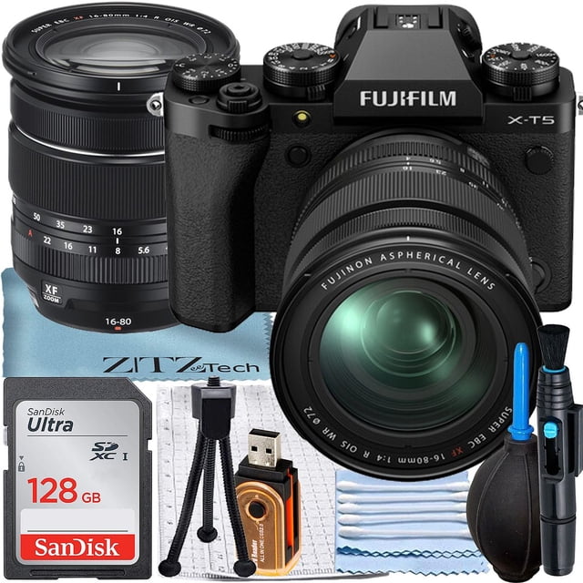 FUJIFILM X-T5 Mirrorless Camera (Black) with XF 16-80mm Lens + SanDisk 128GB Memory Card + ZeeTech Accessory Bundle