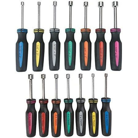 14 Piece SAE and Metric Professional Automotive Nut Driver Set Color Coded Nonslip TPR Hand Grips and 3-inch Hollow Shaft