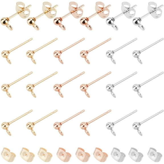 60pcs 3 Colors 3mm Ball Stud Earrings Stainless Steel Earring Post Ear Stud with Earring Backs for DIY Jewellery Making, Pin 0.8mm