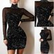thumbnail image 3 of Women's Glitter Slim Dress High Neck Mesh Contrast Sleeve Elegant Body-con Pencil Dress, 3 of 3