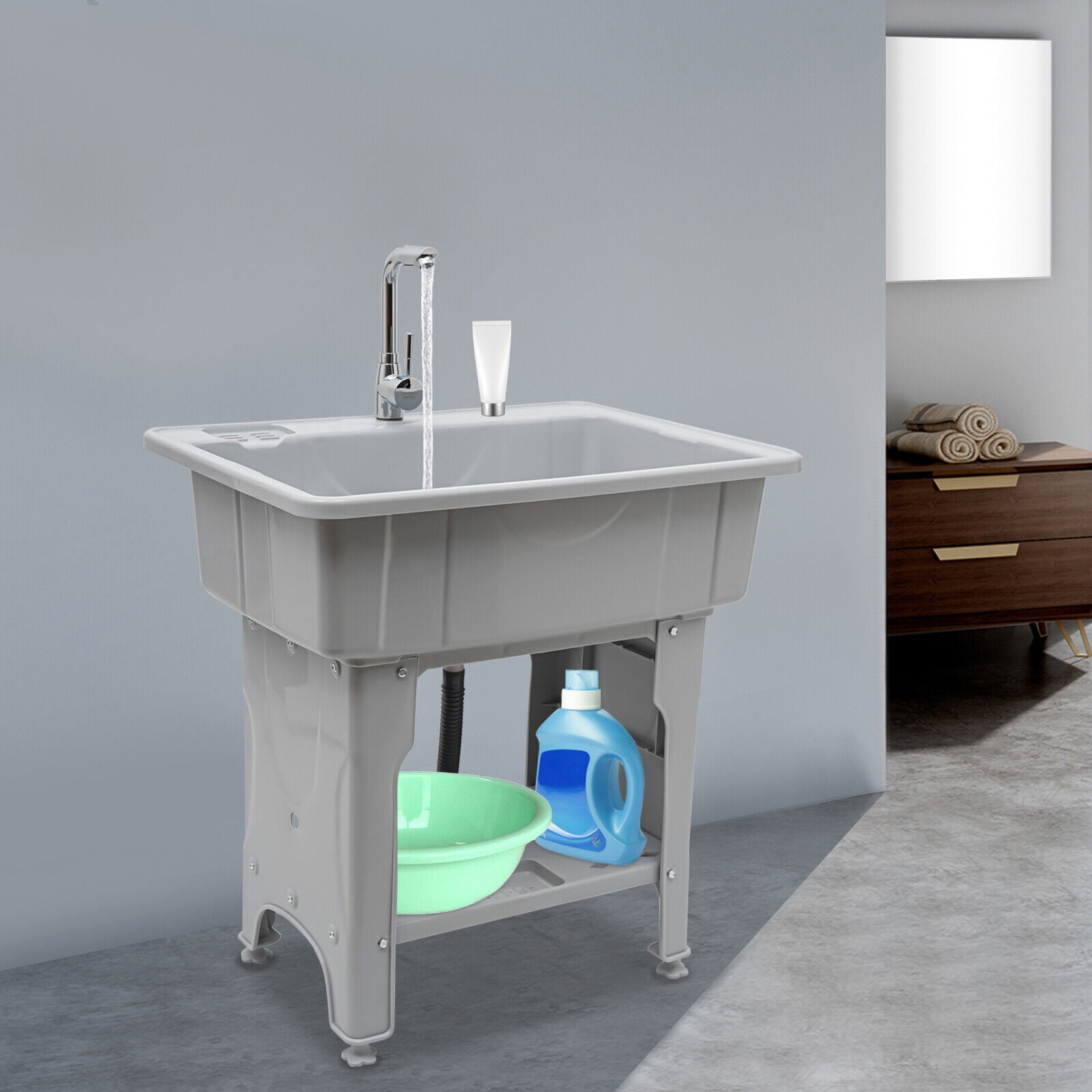 Plastic Laundry Sink with Washboard Utility Sink with Hot Cold Faucet Hoses Drain Kit