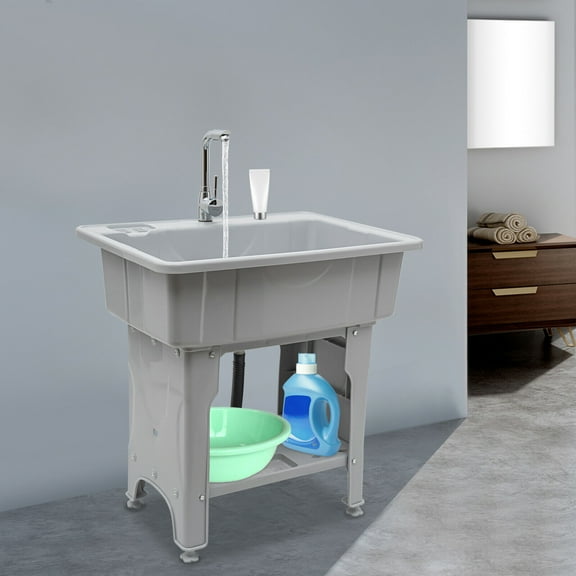 Spacious GrayUtility Sink Laundry Tub Freestanding Sink Wash Station W/ Faucet