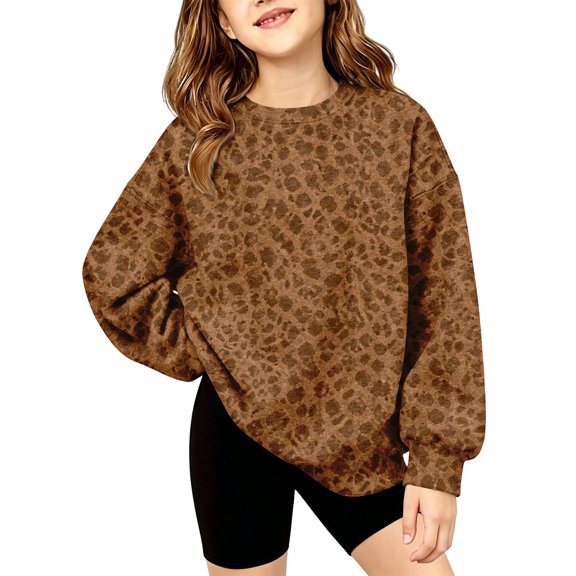 Grblisyd Girls Sweatshirts Kids Casual Crewneck Leopard Print Long Sleeve Pullover Tops Fashion Fall Sweatshirts