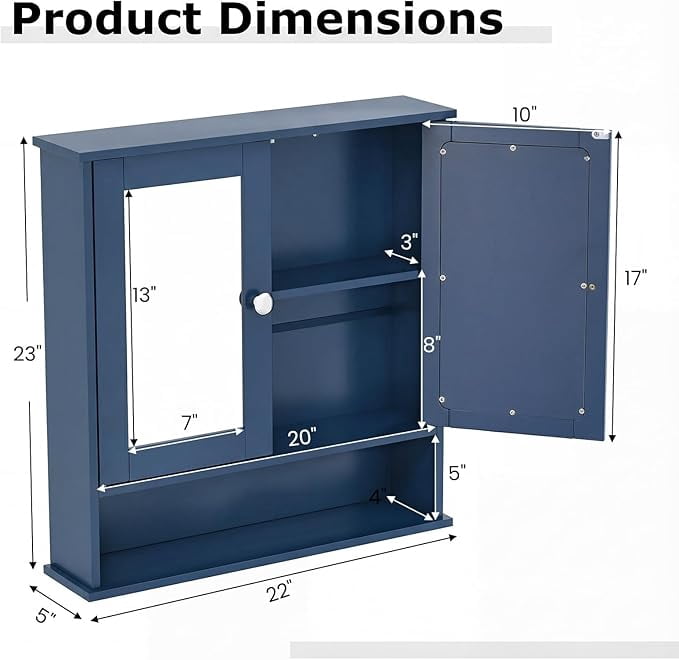 Bathroom Medicine Cabinet with Mirror, Wall Mounted Wooden Hanging Organizer with Doors and Shelves, Bathroom Wall Mirror Cabinet