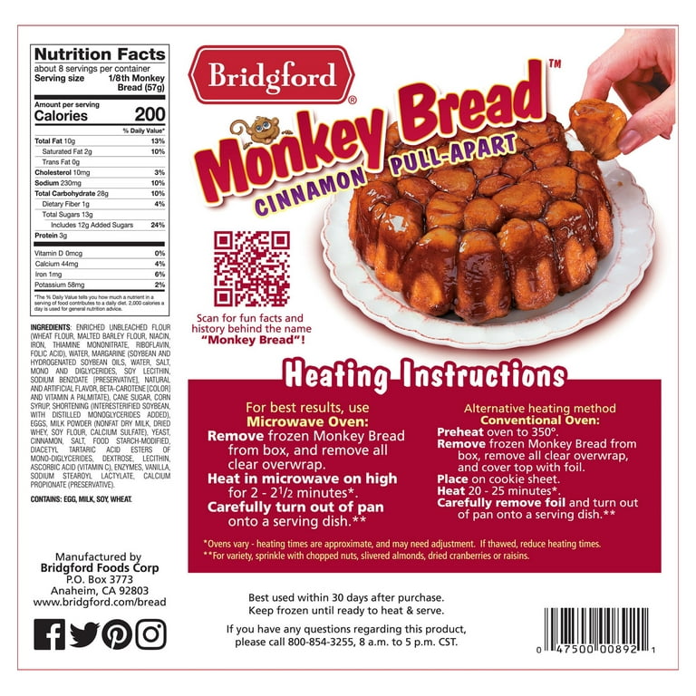 Bridgford Foods Frozen Heat and Serve Cinnamon Pull-Apart Monkey Bread, 16 Ounces
