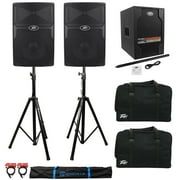 2) Passive Peavey PVX12 12" 1600W Speakers+Active 15" Sub+2 Stands+Cables+2 Bags