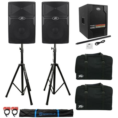 2) Passive Peavey PVX12 12" 1600W Speakers+Active 15" Sub+2 Stands+Cables+2 Bags