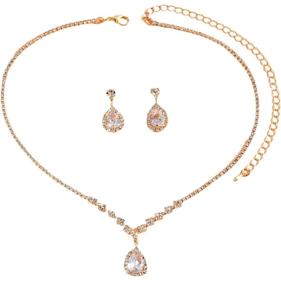 2 Pieces Women Wedding Jewelry Set for Brides Rhinestone Crystal Statement Choker Necklace Dainty Teardrop Dangle Earrings Set for Party Prom