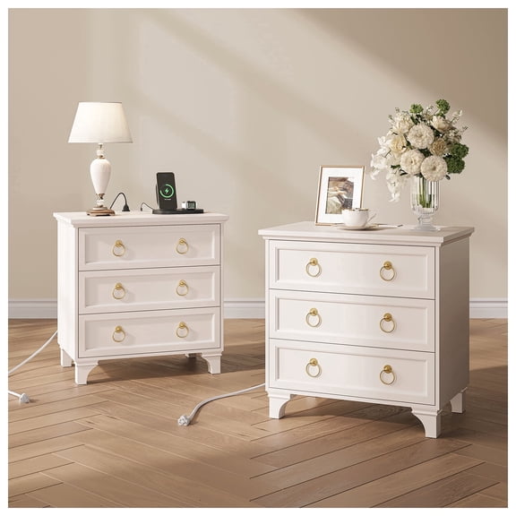 JOINICE Nightstand Set of 2 with 3 Drawers, Wood Bedside Table Night Stand with Charging Station, Sofa Side End Table for Bedroom, Living Room, White