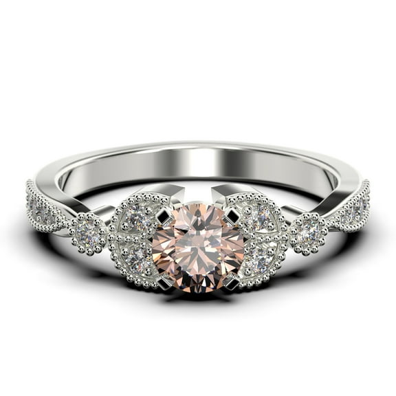 Unique Boho & hippie 1.50 Carat Round Cut Morganite And Diamond Moissanite Engagement Ring, Wedding Ring in 925 Sterling Silver With 18k White Gold Plating, Leaf Ring, Promise Ring, Anniversary Gift