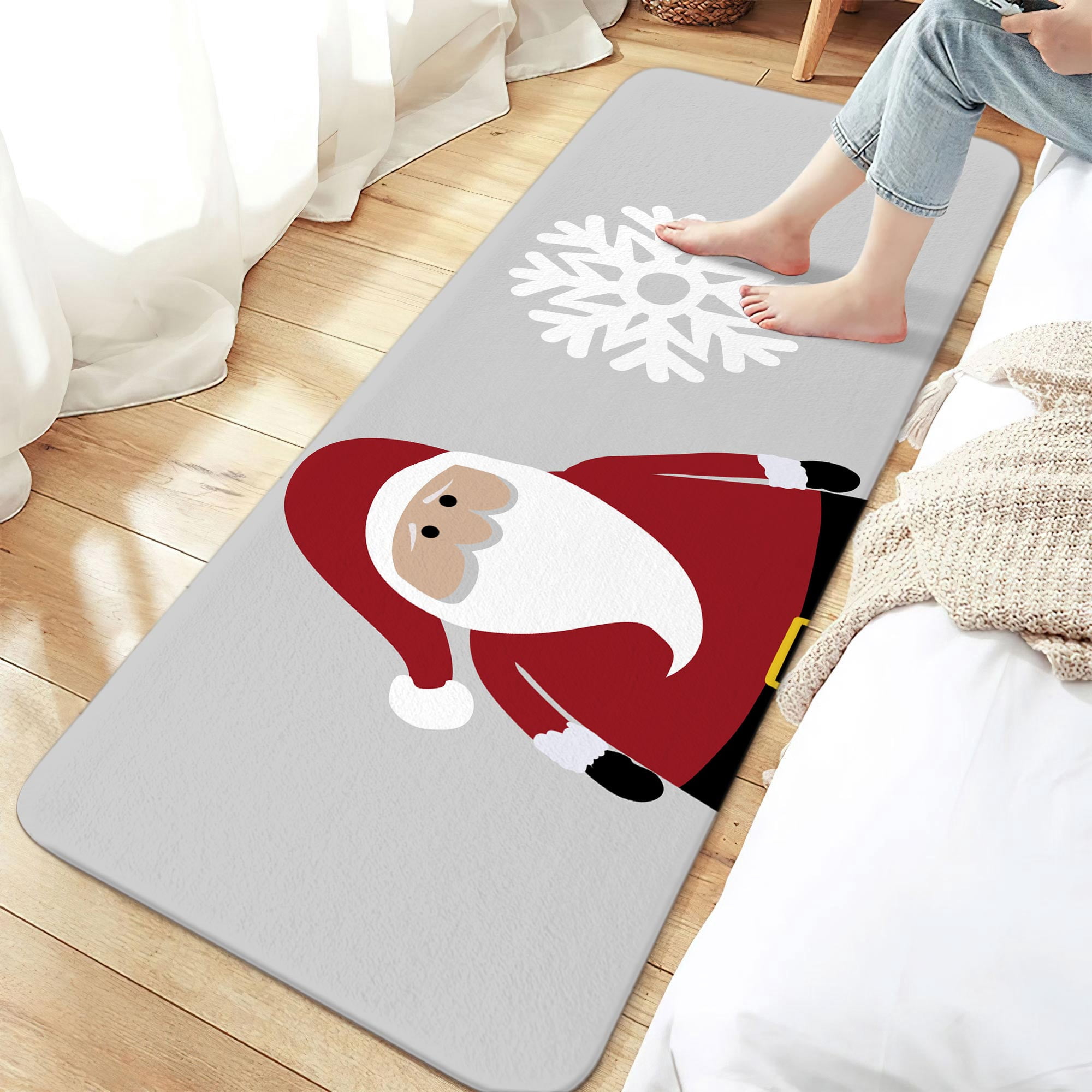 Christmas Bathroom Rugs Mat, Xmas Santa Claus Bath Mat with Non-Slip Backing, Winter New Year Holiday Floor Mat Decor for Indoor Outdoor Living Room Bathtub 17X48IN Light Gray