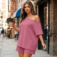 thumbnail image 5 of Dresfit Shorts Sets for Women Off Shoulder Crew Neck Short Sleeve Tops & Mini Shorts 2 Piece Outfits Summer 2026 Wrinkle Resistant Oversized Sweatsuits L, 5 of 6